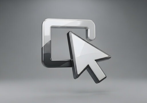 Shiny silver cursor clicking button, computer mouse icon, technology symbol