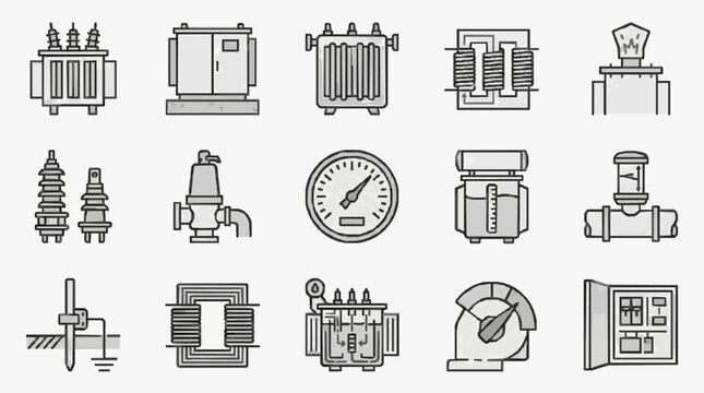 Corporate Collection of Monochromatic Line Icons Featuring Electrical and Industrial Equipment for Presentations Websites and Reports