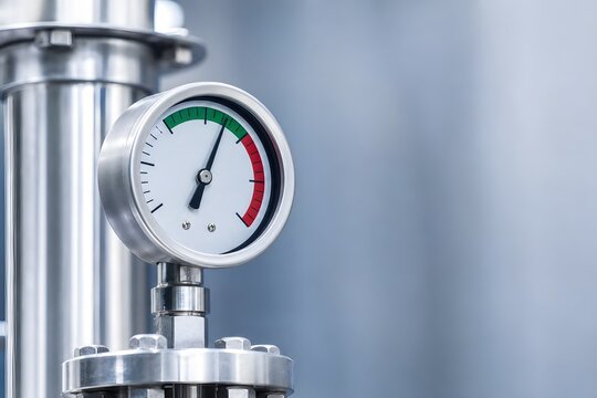 Industrial pressure gauge on stainless steel pipe showing measurement.