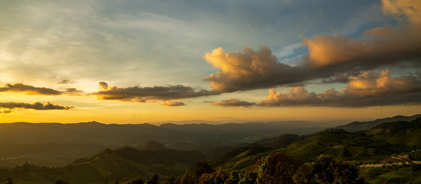 Panorama of Sunset sky in the Mountains landscape