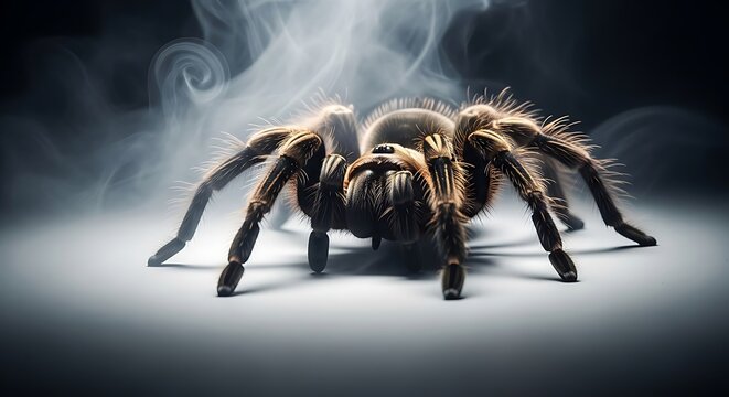 Close-up of a Large Venomous Tarantula Spider with Detailed Hairy Body and Long Legs on Dark Background.