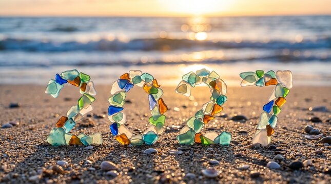 The 2027 colorful beach scene at sunset with sea glass letters on sand