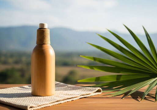Minimalist eco-friendly skincare bottle with wooden cap, soft natural light, rustic wood surface, dried flowers, artisanal packaging, organic beauty aesthetic, still life photography
