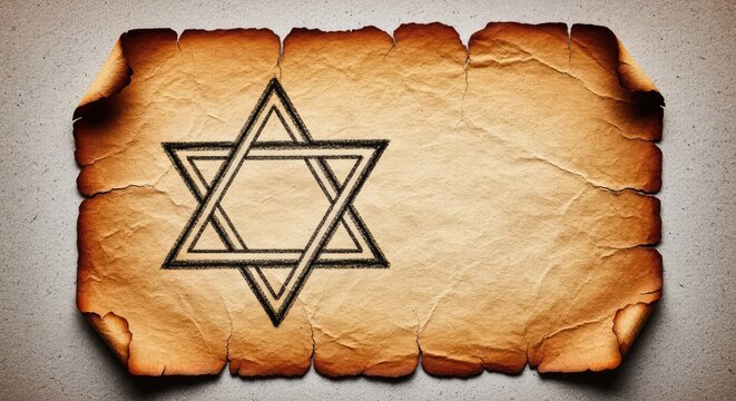 An ancient piece of weathered parchment featuring a hand-drawn six-pointed star shape with charcoal outlines and a textured rustic surface, manuscript, handdrawn, artifact