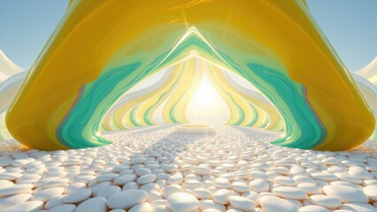 Fototapeta premium Abstract architecture, smooth curves, bright colors. Pebble ground leads toward light, creating surreal space. Minimalist design.