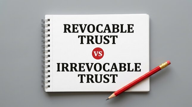 Comparison of revocable trust versus irrevocable trust written on a white spiral notebook with red pencil