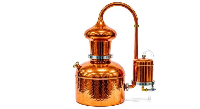Classic copper alembic still featuring a swan neck and cooling condenser, ideal for traditional distillation of spirits or aromatic oils, fragrance, boiler, reflux