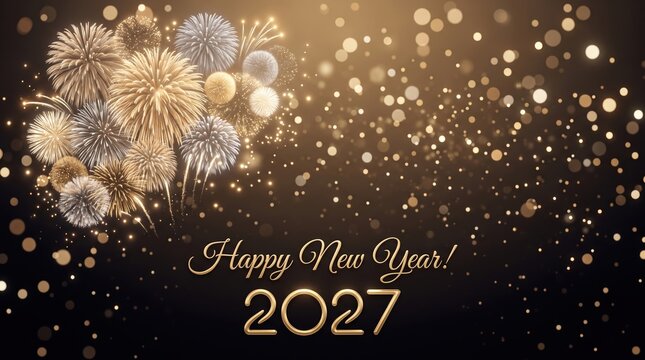 Happy new year 2027 text with golden fireworks and glowing bokeh light particles on a dark background for festive holiday celebration greeting card