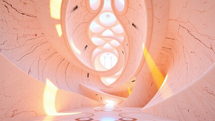 Fototapeta premium Futuristic interior. Organic shapes, warm lighting, marble textures create surreal tunnel effect. Minimalist design, soft glow.