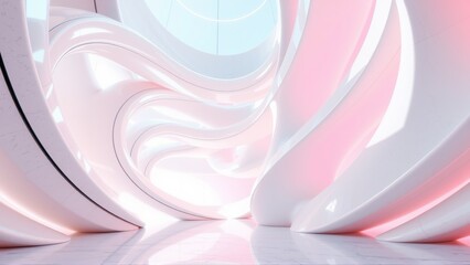 Obraz premium Futuristic interior. Smooth white walls curve, creating abstract space. Soft pink, blue light illuminates floor, evoking calm atmosphere.
