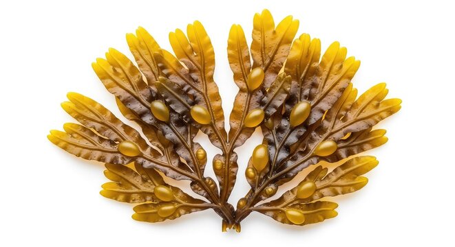 Detailed macro shot of brown bladderwrack seaweed showing unique air bladders and organic plant textures against a clean white background, fucus, biology, environment