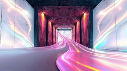 Fototapeta premium Tunnel view, vibrant light streaks, concrete walls. Futuristic design, glowing pinks, blues create dramatic perspective.