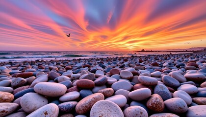 Obraz premium Sunset Over Pebble Shore with Seagull Calm Sea