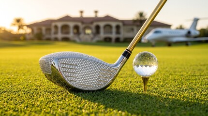 A luxurious golf scene featuring a driver and a golf ball on a tee with a grand mansion and private jet in the background at sunset.