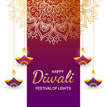 Happy Diwali Festival of Lights greeting card with glowing diya lamp. Festive background for web banner, poster, social media