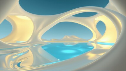 Fototapeta premium Abstract fluid shapes, luminous gold, turquoise hues. Smooth curves create organic tunnel, reflecting light, serene atmosphere.