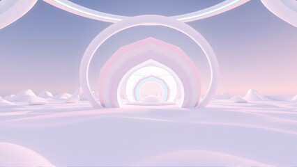 Fototapeta premium Abstract arches form tunnel. Soft pastel colors dominate landscape. Minimalist design evokes serenity, futuristic vibe. Smooth textures, gentle light.
