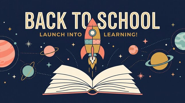 A creative back to school banner featuring a colorful rocket taking off from an open book, surrounded by planets and stars in a flat vector illustration style.