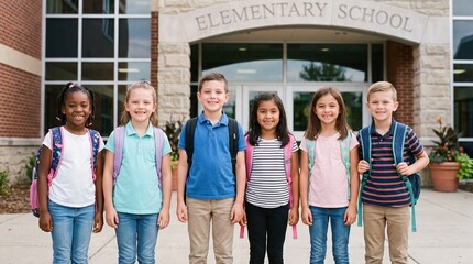 Obraz premium A happy, diverse group of young elementary school students wearing backpacks stand together in front of their school entrance on the first day of class.