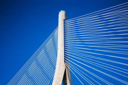 Zakim bridge pylon and cables against blue sky