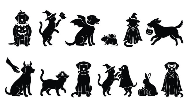 Big set of Halloween silhouettes black icon and character. Design of dogs and cats in witch, spooky and creepy costumes for Halloween decoration, icons, sticker. Vector isolated on white background.
