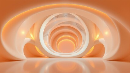 Fototapeta premium Abstract interior. Concentric arches glow warmly. Smooth surfaces reflect light creating depth, futuristic design. Minimalist aesthetic.