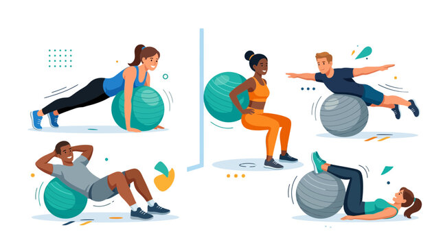 Diverse People Exercising with Fitness Balls, Healthy Lifestyle Concept