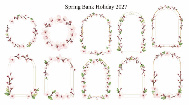 floral frames, spring borders, pink flowers, green leaves
