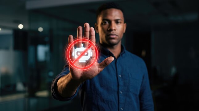 Serious man making a stop gesture towards a glowing holographic no artificial intelligence robot icon