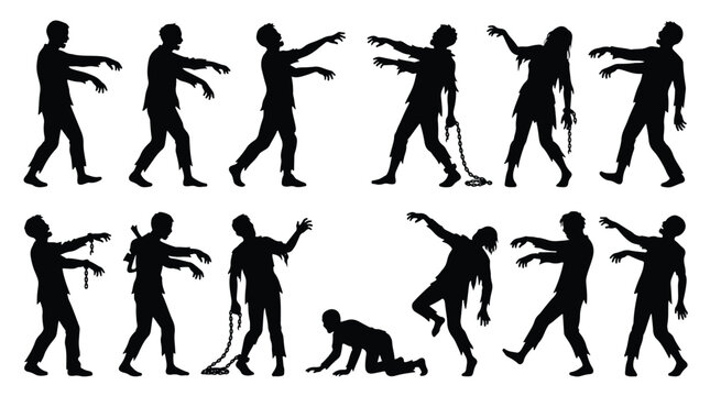 Big set of halloween silhouettes black icon and character. Design of creepy and spooky zombie figures for decorations, sketch, sticker. Vector illustration isolated on white background graphics