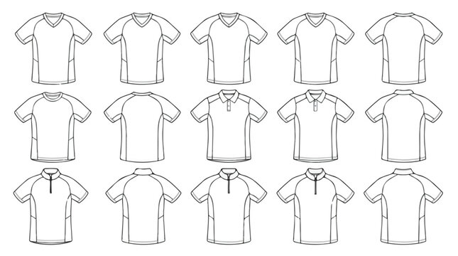 Sportswear jersey technical sketch set, 15 apparel vector templates with raglan sleeves, athletic t-shirt and polo shirt flat mockups for fashion design