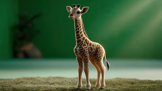 Young giraffe standing on grass field soft green background sunlight rays