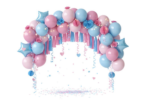 Colorful balloon arch decoration for party celebration with pastel blue pink and silver balloons hanging confetti backdrop