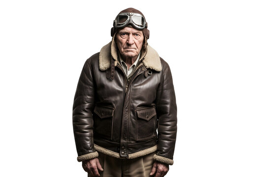 Senior pilot standing confidently in vintage leather jacket and goggles