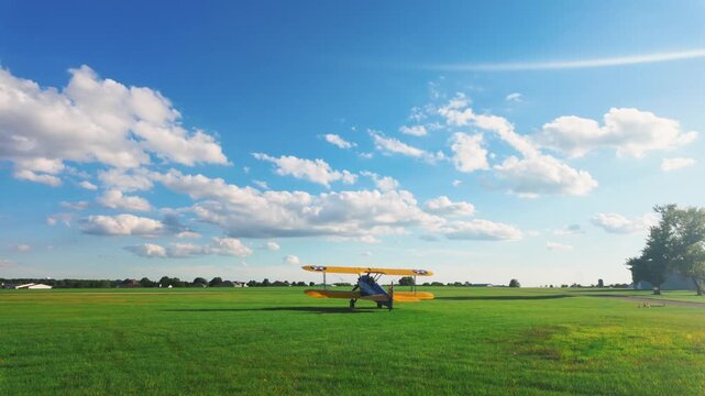 A bright blue biplane, PT-13 Stearman, on a grass field, under a bright sky.