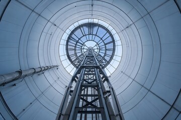 Fototapeta premium Upward View of Circular Architectural Skylight and Steel Framework