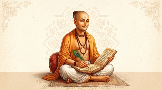 Ancient indian scholar acharya chanakya writing on palm leaf manuscript with peacock feather quill tulsidas jayanti