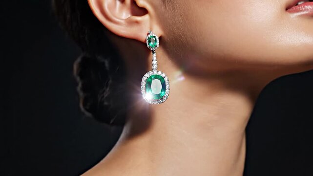 Asian woman wearing luxurious emerald and diamond drop earrings on dark background