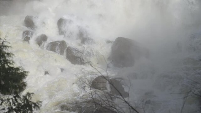 Whitewater crashes violently over mossy limestone boulders at Inglis Falls in Owen Sound, Ontario. The spring runoff creates a powerful torrent with heavy mist rising.
