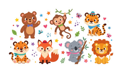 Fototapeta premium Cute Cartoon Wild Animals Collection with Smiling Faces Flat Vector Illustration Isolated on White Background