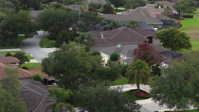 Palm tree-lined circular driveways wind through upscale neighborhood near golf course in Plant City, Florida, with tile-roof homes framed by lush tropical landscaping. Aerial drone view.