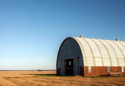 Old quonset barn in open field under clear sky