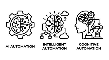 Obraz premium Collection of line art icons depicting AI intelligent cognitive automation workflows for machine learning and neural networks automation artificial intelligence cognitive learning software