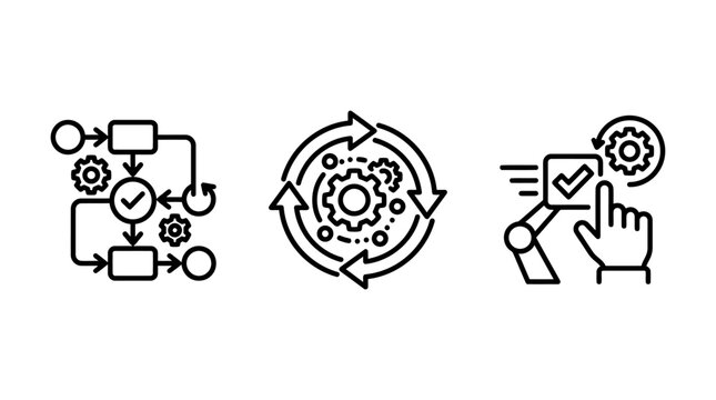 Workflow management and robotic process automation icons with workflow automation robotics management optimization efficiency business technology industrial engineering development software