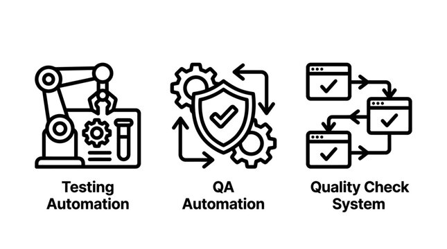 Quality assurance testing and automated systems line icons with automation assurance development software technology engineering technical workflow management infrastructure deployment