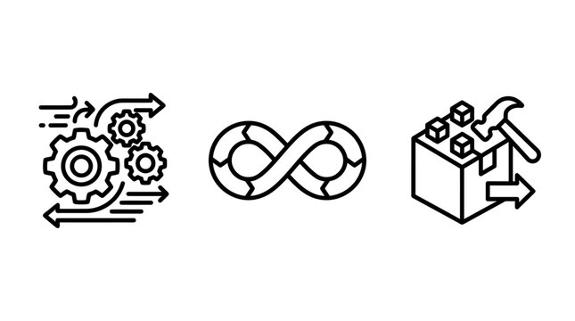 Continuous integration and product development line icons with integration development automation workflow continuous production engineering technology software technical management
