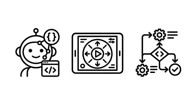 Software development coding robot and interface control line icons with robotics software development programming interface automation technology computer algorithm strategy innovation