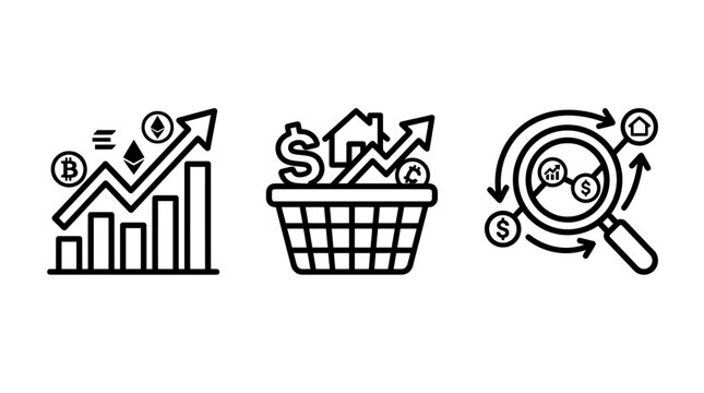 Business growth charts and real estate market analysis icons in linear style with business analysis investment trending statistics property cryptocurrency increase magnifying research