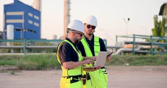 Industrial refinery worker reviewing digital operational checklist on laptop while technician checks mobile monitoring device during petrochemical pipeline inspection planning