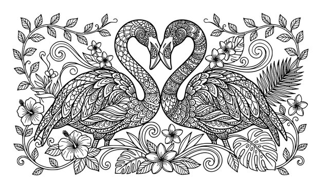 Decorative Flamingo Love Birds Zentangle Vector Illustration for Logo Shirt and Coloring Book